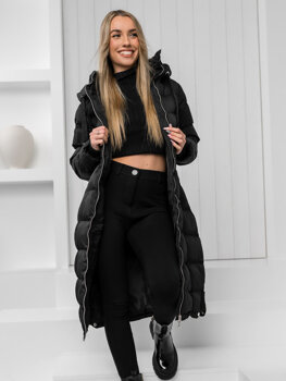 Bolf Damen Gepolsterte Lange WInterjacke Mantel mit Kapuze Schwarz  5M736B