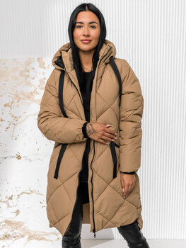 Bolf Damen Gepolsterte Lange Winterjacke mit Kapuze Braun  5M3168