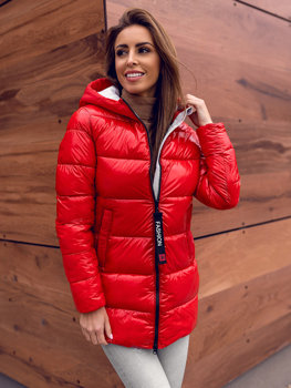 Bolf Damen Gepolsterte Winterjacke mit Kapuze Rot  B9545