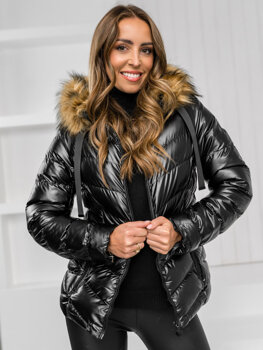 Bolf Damen Gepolsterte Winterjacke mit Kapuze Schwarz-Braun 5M3138