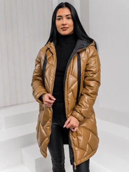 Bolf Damen Lange Gepolsterte WInterjacke Mantel mit Kapuze Braun  5M3189