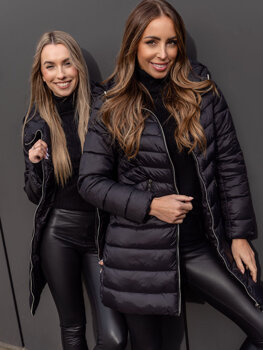 Bolf Damen Lange Gepolsterte Winterjacke Mantel mit Kapuze Schwarz  11Z8083B