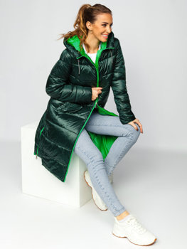 Bolf Damen Lange Gepolsterte Winterjacke mit Kapuze Grün  J9063