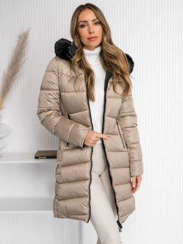 Bolf Damen Zweiseitige Lange Gepolsterte Winterjacke Mantel mit Kapuze Beige  B8202