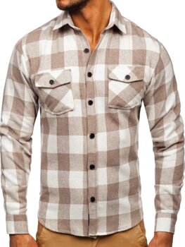 Bolf Herren Hemd Flanellhemd Langarm Beige 20723