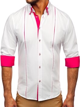 Bolf Herren Hemd Langarm Elegant Weiß-Rosa 4744