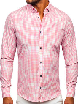 Bolf Herren Hemd Langarm Kariert Rosa  22745