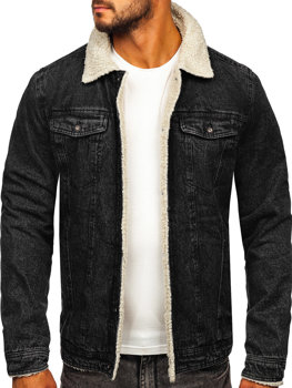 Bolf Herren Jeansjacke Trucker Warm Gefüttert mit Teddy Kragen Schwarz  1159