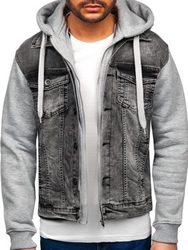 Bolf Herren Jeansjacke mit Kapuze Grau  10350