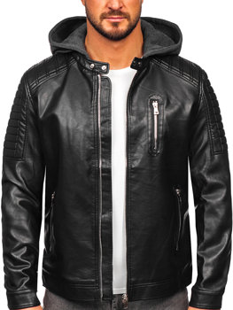 Bolf Herren Kunstlederjacke Biker mit Kapuze Schwarz   11Z8018