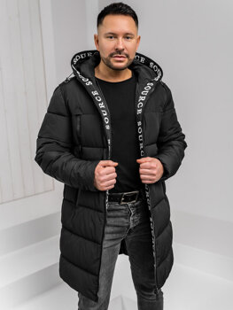 Bolf Herren Lange Gepolsterte Winterjacke mit Kapuze Schwarz 22M329A1