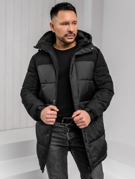 Bolf Herren Lange Gepolsterte Winterjacke mit Kapuze Schwarz  31M5016A1