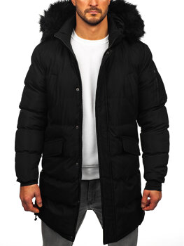 Bolf Herren Lange Gepolsterte Winterjacke mit Kapuze Schwarz  8011