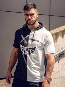 Bolf Herren T-Shirt mit Motib mit Kapuze Schwarz-Weiß  8T981A