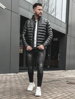 Bolf Herren Winterjacke Steppjacke aus Kunstleder Schwarz  0021