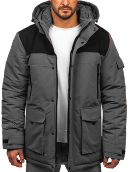 Bolf Herren Winterjacke mit Kapuze Schwarzgrau  22M322