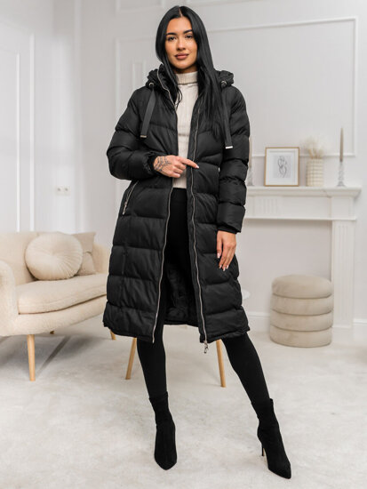 Bolf Damen Gepolsterte Lange WInterjacke Mantel mit Kapuze Schwarz  5M736B