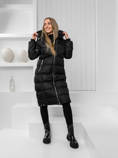 Bolf Damen Gepolsterte Lange WInterjacke Mantel mit Kapuze Schwarz  5M736B