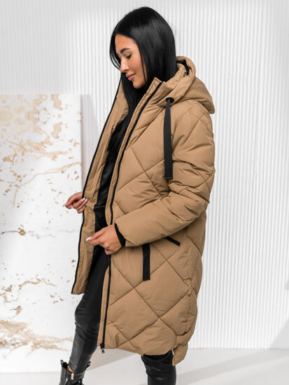 Bolf Damen Gepolsterte Lange Winterjacke mit Kapuze Braun  5M3168