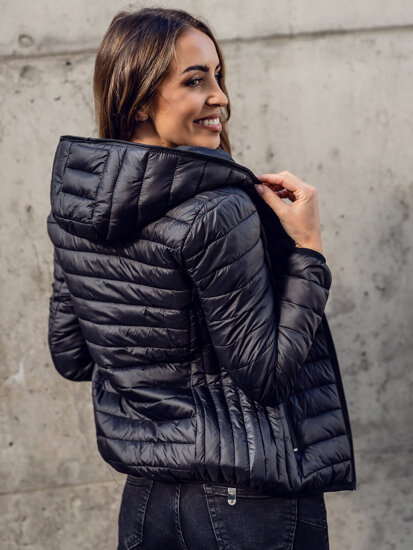 Bolf Damen Gepolsterte Übergangsjacke mit Kapuze Schwarz B0123