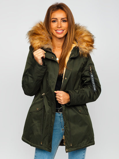 Bolf Damen Gepolsterte Winterjacke Parka mit Kapuze Khaki  B532