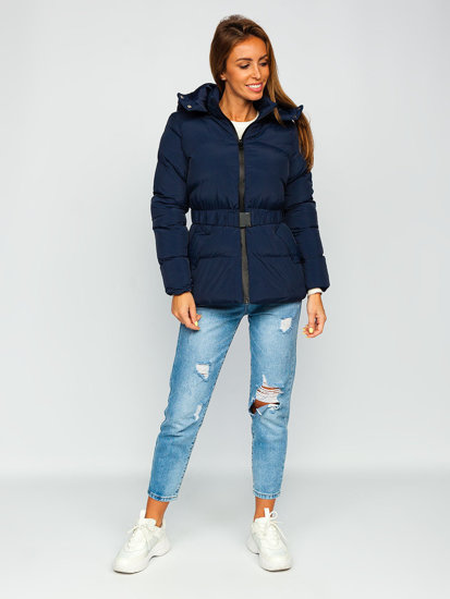 Bolf Damen Gepolsterte Winterjacke mit Kapuze Dunkelblau  23060