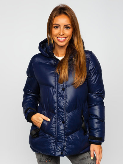 Bolf Damen Gepolsterte Winterjacke mit Kapuze Dunkelblau  23065