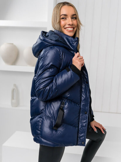 Bolf Damen Gepolsterte Winterjacke mit Kapuze Dunkelblau  23065