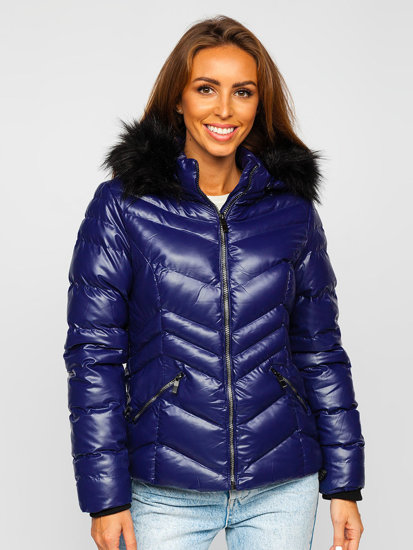 Bolf Damen Gepolsterte Winterjacke mit Kapuze Dunkelblau  23068