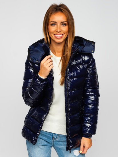 Bolf Damen Gepolsterte Winterjacke mit Kapuze Dunkelblau  B9583