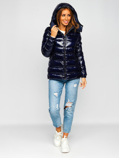 Bolf Damen Gepolsterte Winterjacke mit Kapuze Dunkelblau  B9583