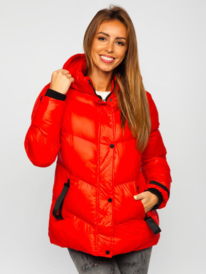 Bolf Damen Gepolsterte Winterjacke mit Kapuze Rot  23065