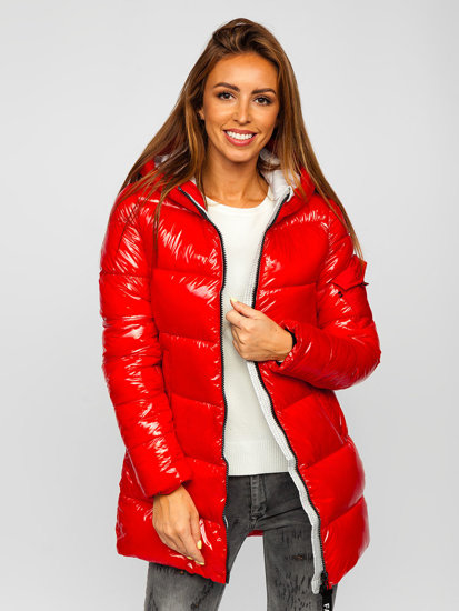 Bolf Damen Gepolsterte Winterjacke mit Kapuze Rot  B9545