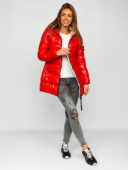 Bolf Damen Gepolsterte Winterjacke mit Kapuze Rot  B9545