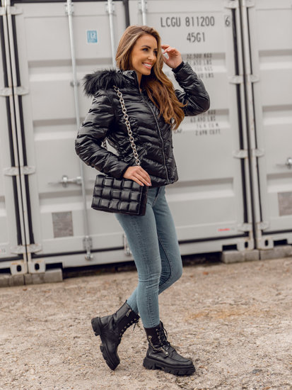 Bolf Damen Gepolsterte Winterjacke mit Kapuze Schwarz  23068