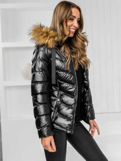 Bolf Damen Gepolsterte Winterjacke mit Kapuze Schwarz-Braun 5M3138