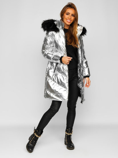 Bolf Damen Gepolsterte Winterjacke mit Kapuze Silber  23069