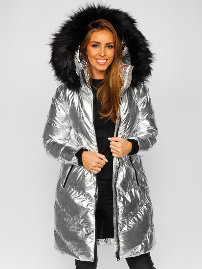 Bolf Damen Gepolsterte Winterjacke mit Kapuze Silber  23069