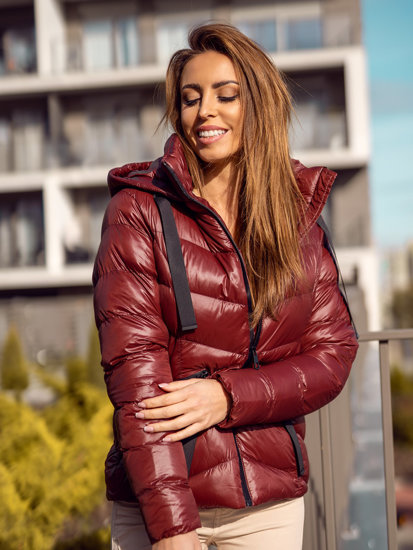 Bolf Damen Gepolsterte Winterjacke mit Kapuze Weinrot  23066