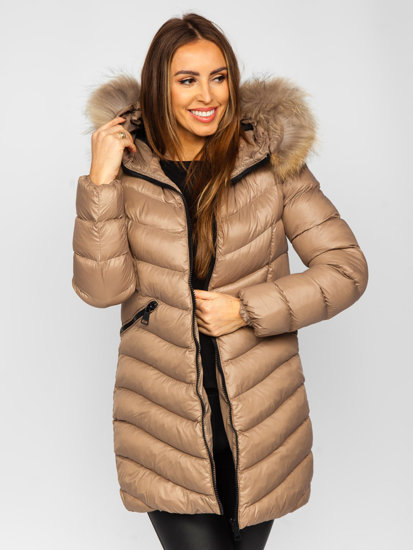 Bolf Damen Gepolsterter Wintermantel Winterjacke mit Naturfell Braun M688