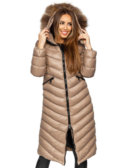 Bolf Damen Gepolsterter Wintermantel Winterjacke mit Naturfell Braun M699