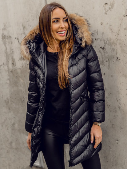 Bolf Damen Gepolsterter Wintermantel Winterjacke mit Naturfell Schwarz  M688