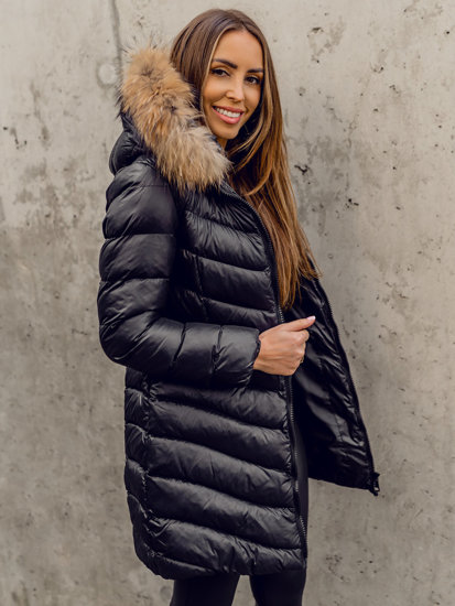 Bolf Damen Gepolsterter Wintermantel Winterjacke mit Naturfell Schwarz  M688