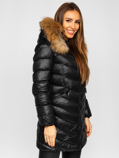 Bolf Damen Gepolsterter Wintermantel Winterjacke mit Naturfell Schwarz  M688