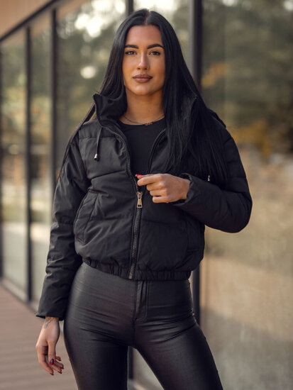 Bolf Damen Kurze Winterjacke mit Kapuze Schwarz  16M9088