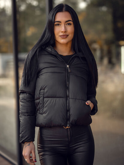 Bolf Damen Kurze Winterjacke mit Kapuze Schwarz  5M3237