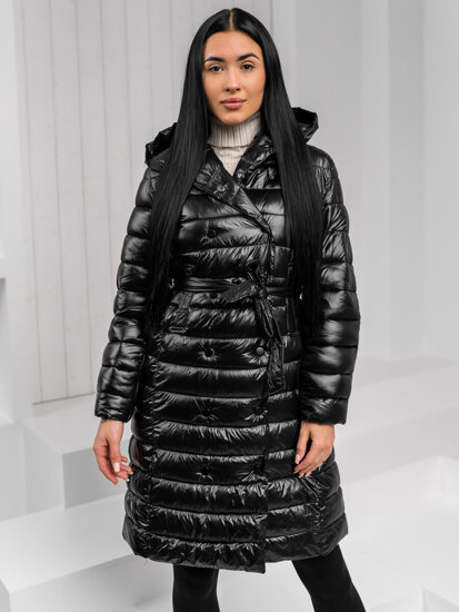 Bolf Damen Lange Gepolsterte Übergangsjacke Mantel mit Kapuze Schwarz  5M3159A1