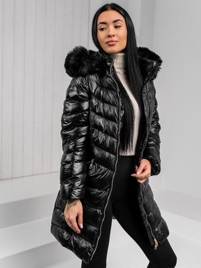 Bolf Damen Lange Gepolsterte Übergangsjacke Mantel mit Kapuze Schwarz  5M3162A1