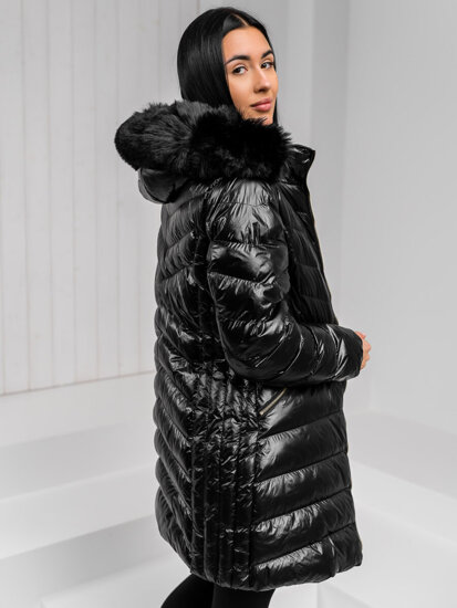 Bolf Damen Lange Gepolsterte Übergangsjacke Mantel mit Kapuze Schwarz  5M3162A1