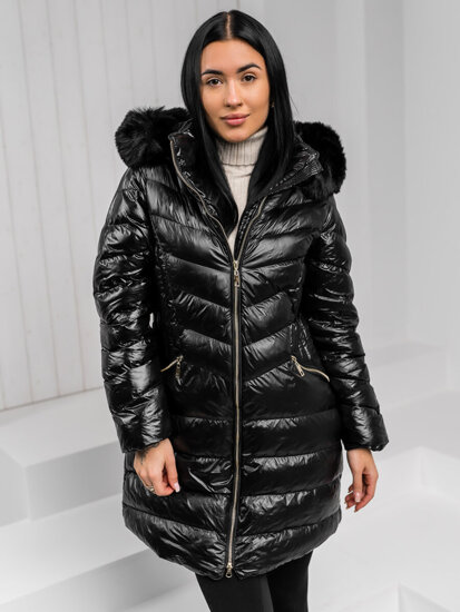 Bolf Damen Lange Gepolsterte Übergangsjacke Mantel mit Kapuze Schwarz  5M3162A1